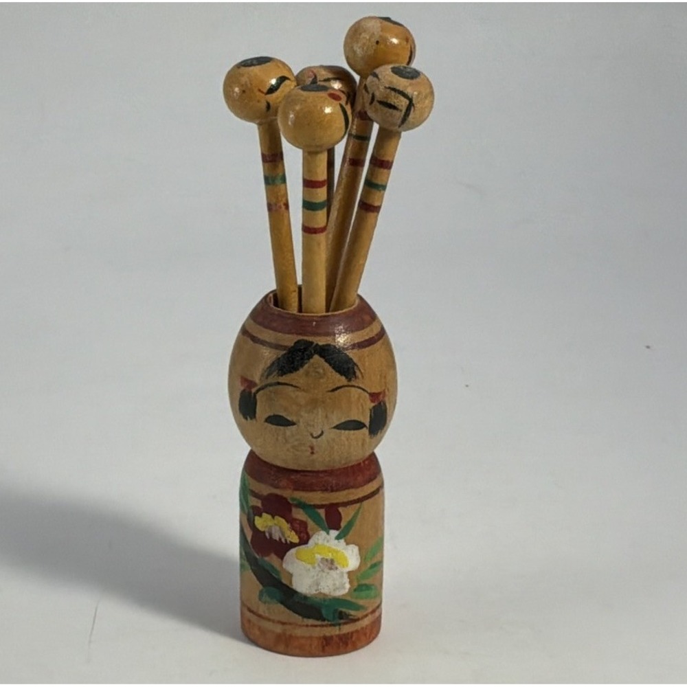 Vintage Japanese Kokeshi‎ Doll Toothpick(5)Holder Hand Painted Wood 3.5" X 1"